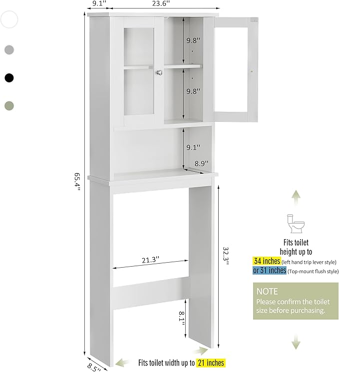 Meilocar Over The Toilet Storage Cabinet for Bathroom, White Storage Organizer Over Toilet, Space Saver with Tempered Glass Doors, White