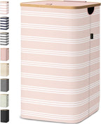 BALEINE Laundry Hamper with Lid, Tall Laundry Baskets with Bamboo Pull Handles, Large Laundry Bin with Internal Support (26 Gal/100L, Pink Pinstripe)