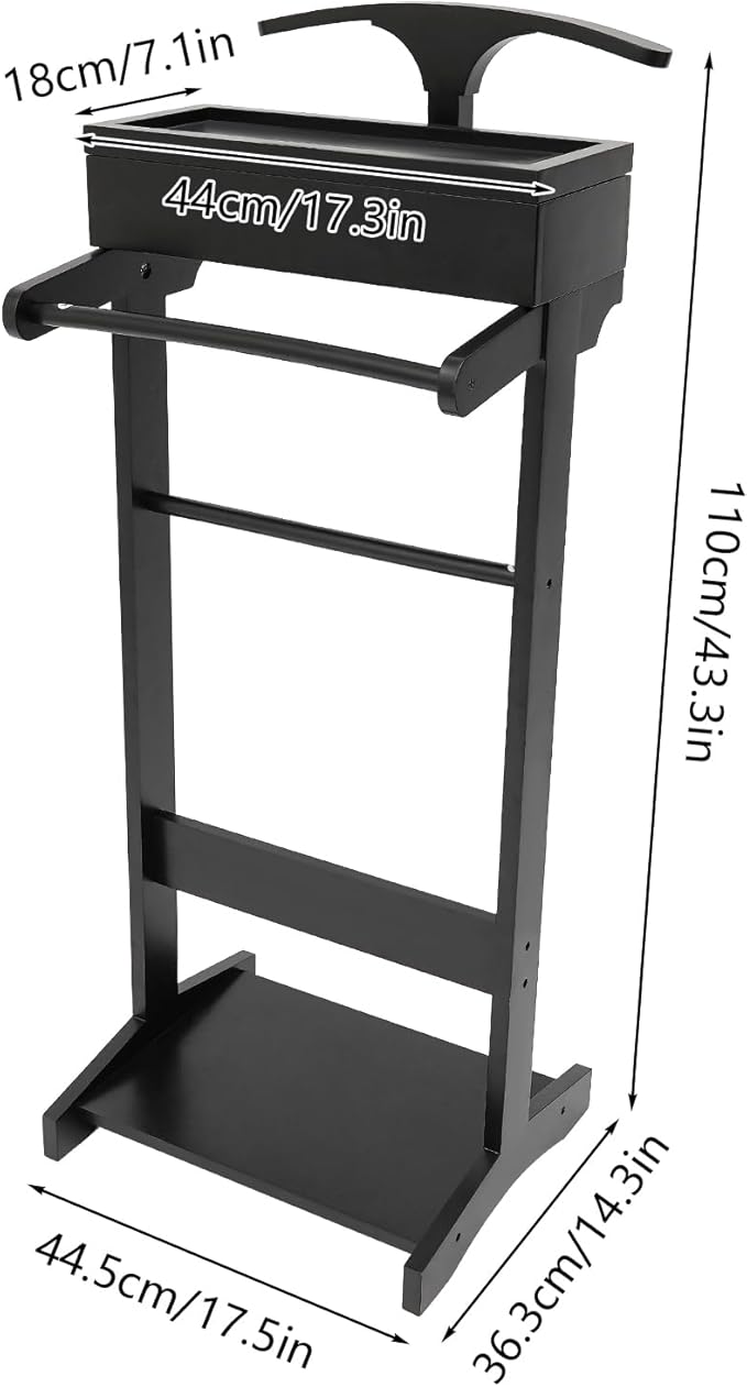 Wood Men Valet Stand Multifunction Clothes Valet Floorstanding Suit Stand Rack with Drawer & Shoe Rack for Bedroom, Entryway, Hotel, Home Office Use (Black)