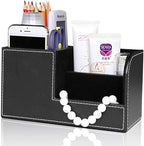KINGFOM Desk Organizer Office Supplies Caddy Pu Leather Multi-function Storage Box Pen/Pencil,Cell phone, Business Name Cards Remote Control Holder Black