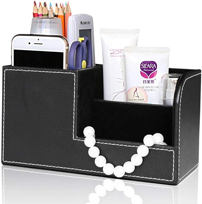 KINGFOM Desk Organizer Office Supplies Caddy Pu Leather Multi-function Storage Box Pen/Pencil,Cell phone, Business Name Cards Remote Control Holder Black