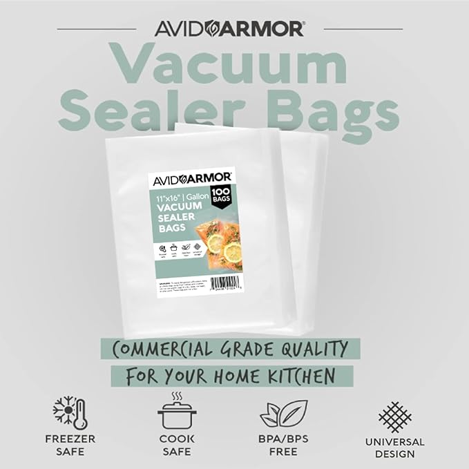 Avid Armor Vacuum Sealer Bags 100 Gallon 11"x16" for Food Saver, Seal a Meal Vac Sealers BPA Free, Heavy Duty Commercial Grade, Meal Prep and Sous Vide Vacuum Safe, Universal Design Pre-Cut Bag