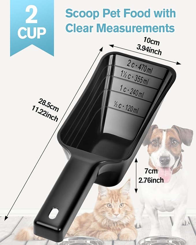 2 Cup Dog Food Scoop(2 Pack), Plastic Pet Food Scoop with Measuring Lines for Accurate Pet Food Portions,Dishwasher Safe (Black and Blue)