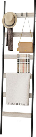 Blanket Ladder, 6-Tier Towel Holder with 4 Removable Hooks, Farmhouse Wall Leaning Decorative Rack Shelf, Wooden Towel Display Rack, Quilt Ladder for Living Room, Bedroom, Greige