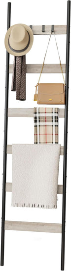 Blanket Ladder, 6-Tier Towel Holder with 4 Removable Hooks, Farmhouse Wall Leaning Decorative Rack Shelf, Wooden Towel Display Rack, Quilt Ladder for Living Room, Bedroom, Greige