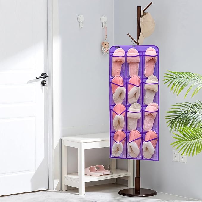 Dual Sided Hanging Shoe Organizer for Closet with Rotating Hanger Hanging Shoe Rack Holder with 24 Large Pockets (Purple-Clear Pockets)
