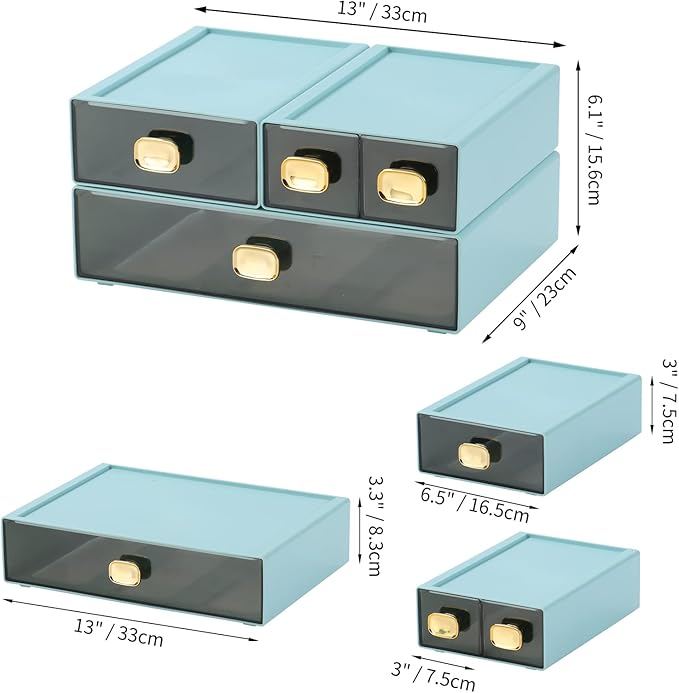 Spacious Desktop Storage Box, 1 Large 1 Middle & 2 Small Storage Drawers, Stackable Office Desk Drawer Organizer and Accessories, Printer Paper Organizer, Cyan Plastic Drawers for Workspace