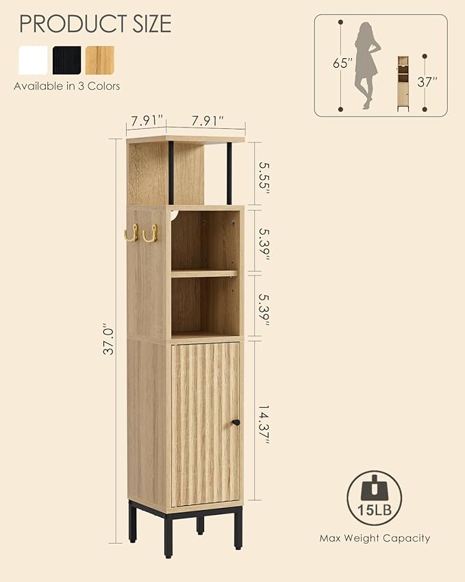Bathroom Storage Cabinet,Small Corner Floor Cabinet with 2 Hook,Narrow Tall Toilet Paper Cabinet with Adjustable Shelves,Bathroom Organizer for Living Room,Small Spaces (Wave, Oak-37''H)