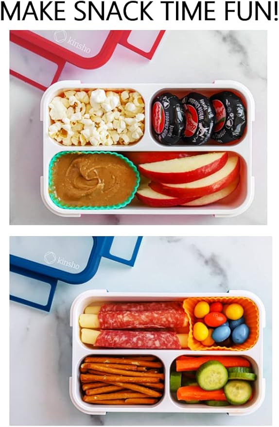 Small Snack Containers for Kids Toddlers - 3 Compartments (Set of 2) - Leak-proof Snack Boxes with Lids - BPA-Free Mini Bento Lunch Box - Ideal for School, Daycare, Holds 2 Cups (Red + Navy Blue)