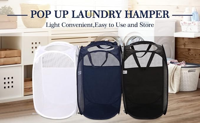 AQQA 9 Pcs Mesh Popup Laundry Hamper Set, Black/White/Blue, Durable Handles, Foldable, Sturdy Mesh Construction, Ideal for Kids, Teens, Adults, College Dorm, Camping, Hotel, Travel