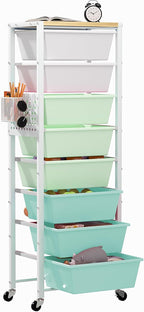Rolling Cart with Drawers, Rolling Storage Cart with Large Plastic Drawers & Wooden Tabletop, Utility Cart with Pegboards & Basket, Storage Drawers Cart for Living Room, Classroom, Bedroom, Office