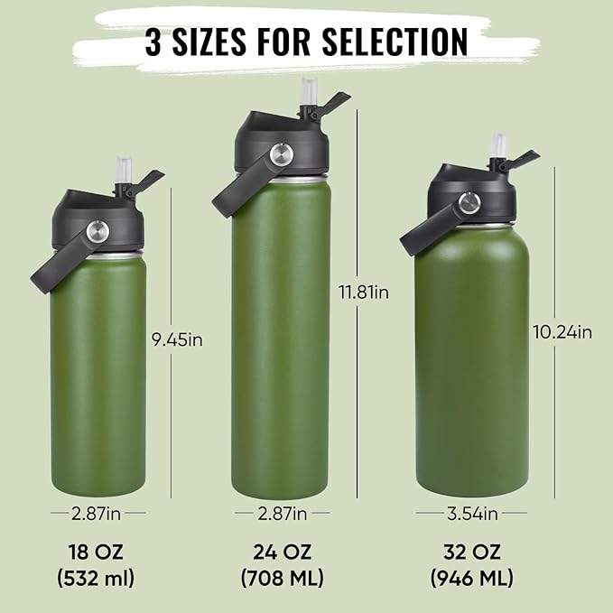 18oz Insulated Stainless Steel Water Bottle, Wide Mouth Double Wall Vacuum, Silicone Straw, Sweat & Leak Proof, BPA Free Insulated Water Flask for Travel, Keep Cold 24h Hot 12h, Green