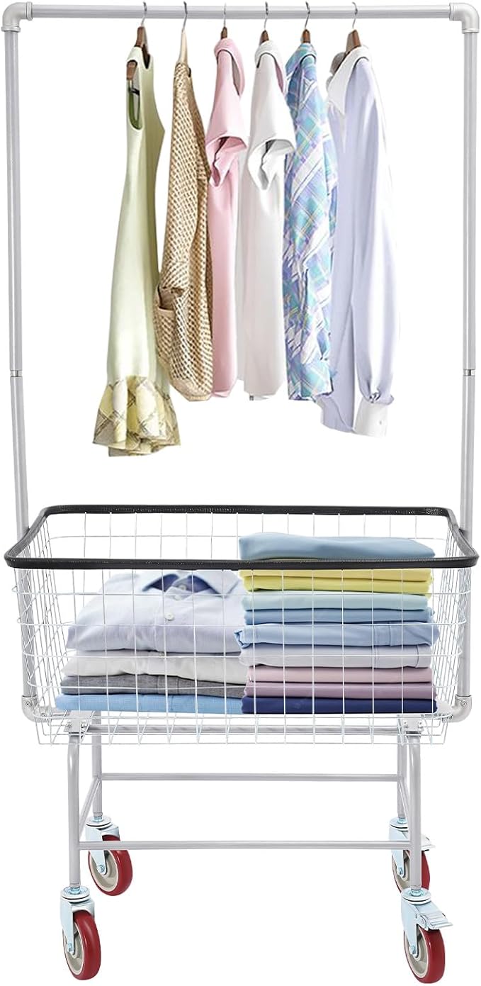Steel Wire Laundry Cart, Rolling Laundry Basket With Wheels & Hanging Rack, Heavy Duty Large Laundry Basket Cart, Laundry Hamper Organizer for home, hotel, bathroom, commercial laundry