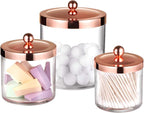SheeChung 3-Pack Plastic Apothecary Jars with Rose Gold Metal Lids - Large 50oz, 25oz & 15oz Acrylic Storage Set - Shatterproof Laundry Room & Bathroom Organizer - Modern Minimalist Chic Decor