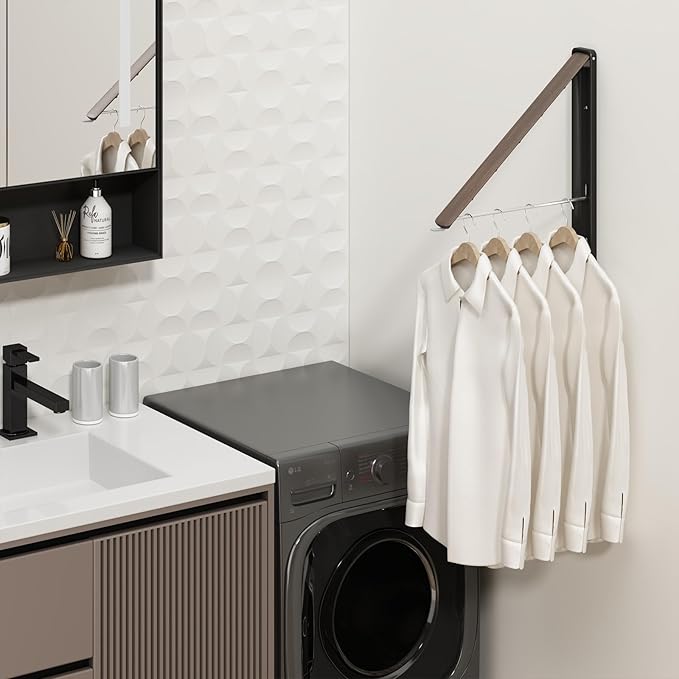 Clothes Drying Rack for Laundry Drying Rack Wall Mounted Clothes Hanger Rack Retractable Laundry Hanger Dryer Rack Space Saving Closet Organizer Aluminium (Walnut)