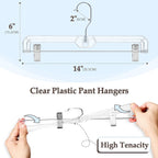 HOUSE DAY Clear Pants Hangers 100 Pack, Non-Slip Plastic Skirt Hanger with 2 Adjustable Clips, Heavy Duty Clip Hangers for Pants, Skirts, Shorts, 14" Clear Hanger, 360-Rotating Swivel Hook