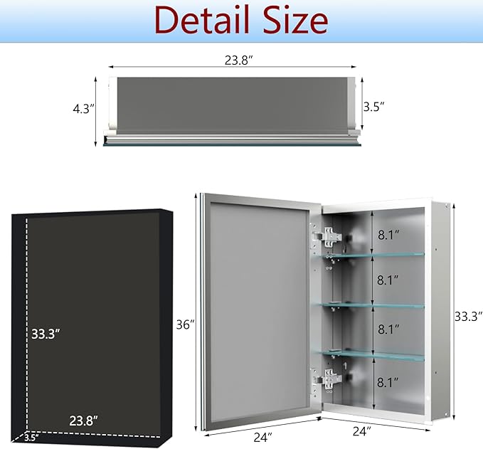 Bathroom Medicine Cabinet, 24x36 inch Mirror Cabinet of Aluminum, Assembly Needed, Surface Mount or Recessed, Medicine Cabinet with Mirror, Adjustable Glass Shelves, Waterproof for Bathroom