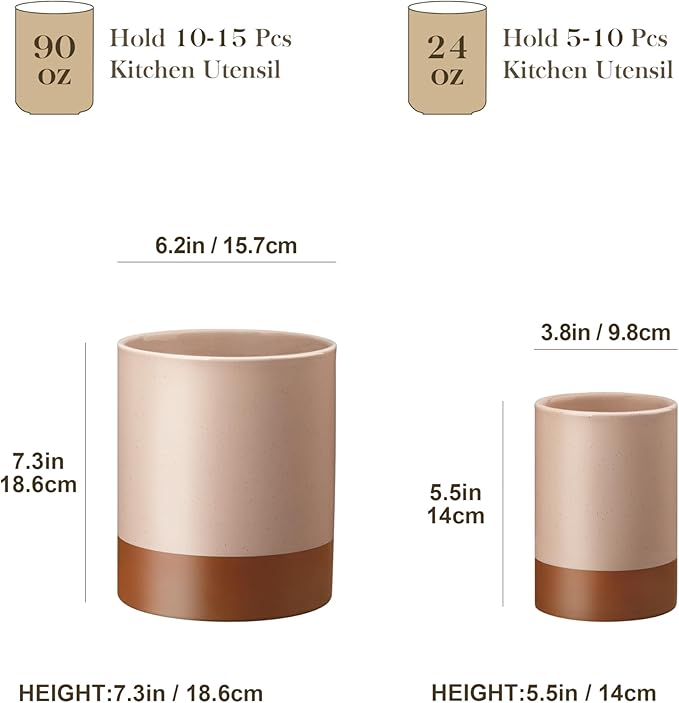 MALACASA Utensil Holder, 7.3"+5.5" Ceramic Kitchen Utensil Holder for Countertop, Large Cooking Utensil Crocks for Kitchen Counter, Farmhouse Utensils Organizer, Set of 2, Khaki Pink, Series TARA