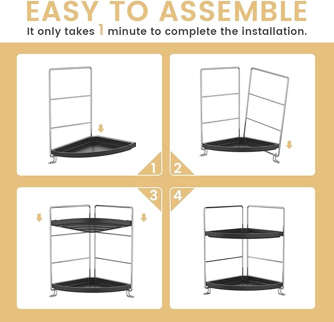 2-Tier Bathroom Organizer Countertop Corner - Makeup Organizer Cosmetic Perfume Holder Bedroom Storage Shelf or Kitchen Spice Rack (Chrome + Black)
