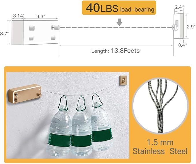 BESy Retractable Clothesline ABS case+Aluminum Dryer with Adjustable Stainless Steel Double Rope String Hotel Style Heavy Duty,Wall Mounted Method, 13.8 Feets,Gold