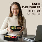 Umami Bento Box Adult All-In-1 w/4 Utensils, Big Sauce Jar, 2 Dividers, 100% Leakproof, Microwave & Dishwasher Safe Stackable Bento Lunch Box Containers for Men/Women, Black & Bamboo, 40 oz