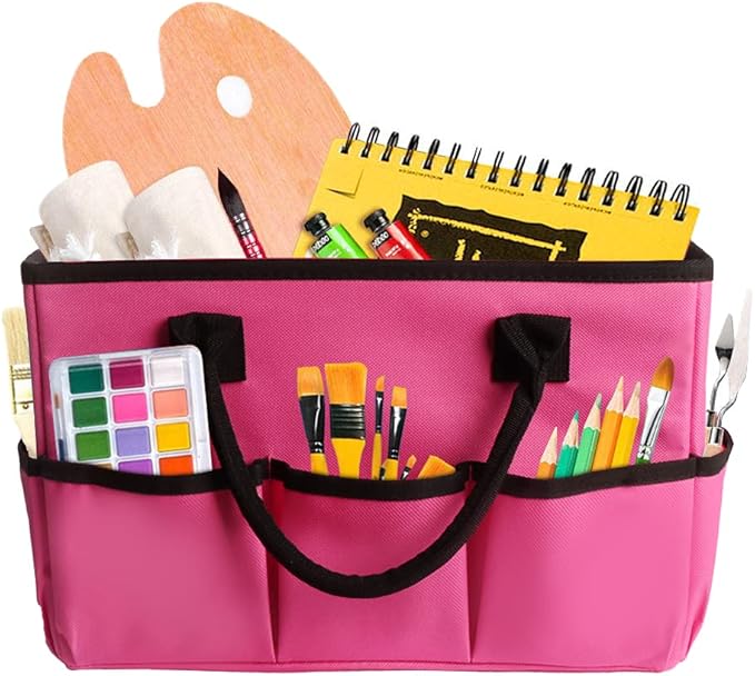 ZKOO Desktop Tote and Stock Organize, Multiple Pockets Teacher Helper Tote Bag Organization for Arts, Books, Stationery and Office Desk Organize, Make-up Case with Handles Craft Organizer (Pink)