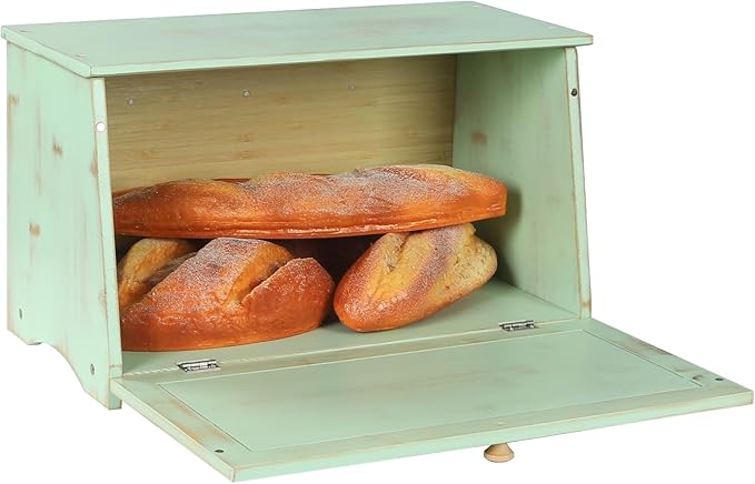 HOMEKOKO Large Wood Bread Box for Kitchen Counter, Retro Design Single Layer Bamboo Large Capacity Food Storage Bin (Mint Green)
