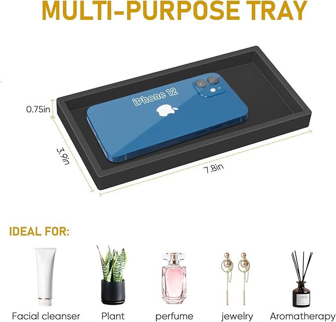 Silicone Bathroom Tray,Shatterproof Small Black Bathroom Tray,High-Grade Silicone Durable Vanity Trays for Bathroom Soap Dispenser Tray Toilet Tank Tray-7.8 * 3.9 in