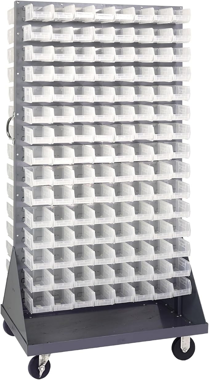 Quantum Storage Systems QMD-36H-220CL Mobile Double Sided Gray Louvered Rack System with Bins, 36" L x 25" W 72" H, Clear