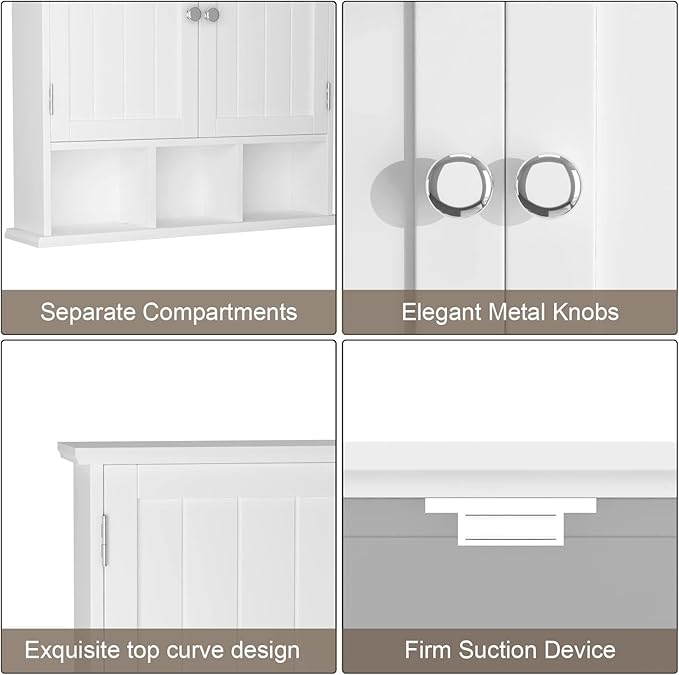 ChooChoo Bathroom Cabinet Wall Mounted 2-Door with 3 Open Shelves, Wooden Medicine Cabinets with Adjustable Shelf, Space Saver Storage Cabinets Over The Toilet for Bathroom&Living Room, White