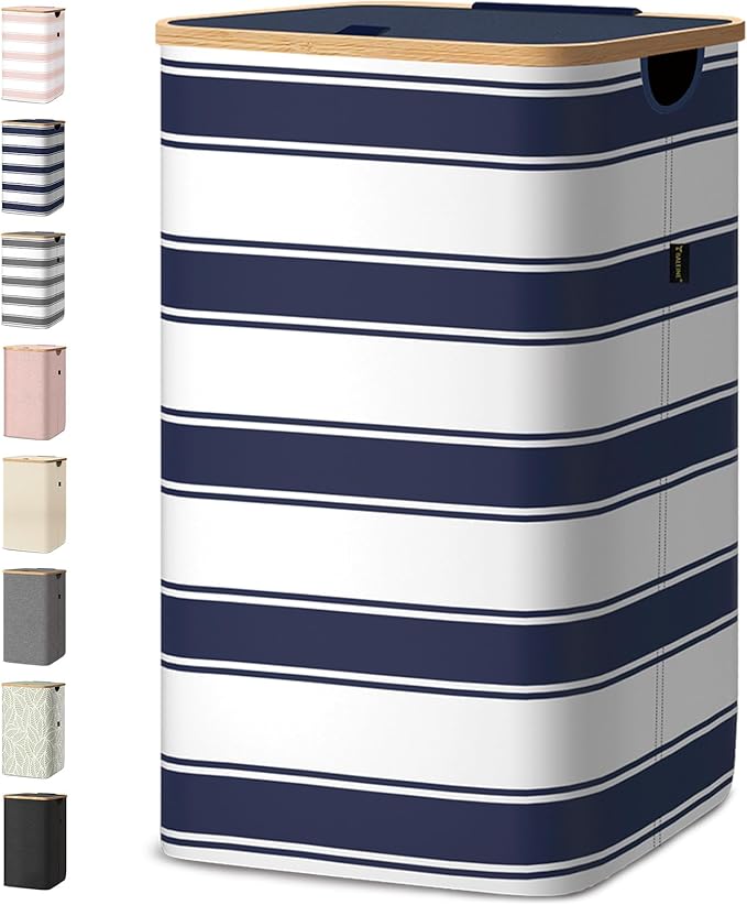 BALEINE Laundry Hamper with Lid, Tall Laundry Baskets with Bamboo Pull Handles, Large Laundry Bin with Internal Support (18 Gal/70L, Blue Stripe)