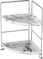 2-Tier Corner Bathroom Organizer, Countertop Perfume Makeup Shelf Cosmetics Storage Shelf Display Rack Vanity Shelf,Kitchen Spice Rack,PP Imitation Marble Design,Tool-Less Install(Silver)