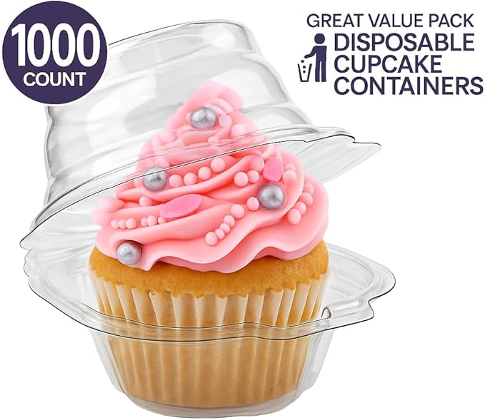 Stock Your Home Individual Plastic Cupcake Containers Disposable with Connected Airtight Dome Lid (1000 Count) Clear Single Cupcake Container, BPA Free