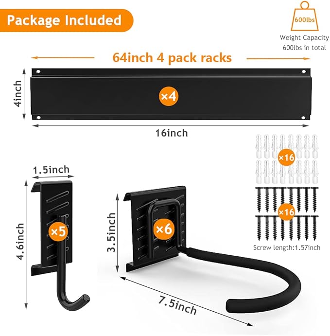 TORACK Bike Storage Rack, 6 Bike Racks & 5 Hooks for Garage, Wall Mount Vertical Bicycles Hanger for Home Space Saving, up to 600lbs, 64-inch