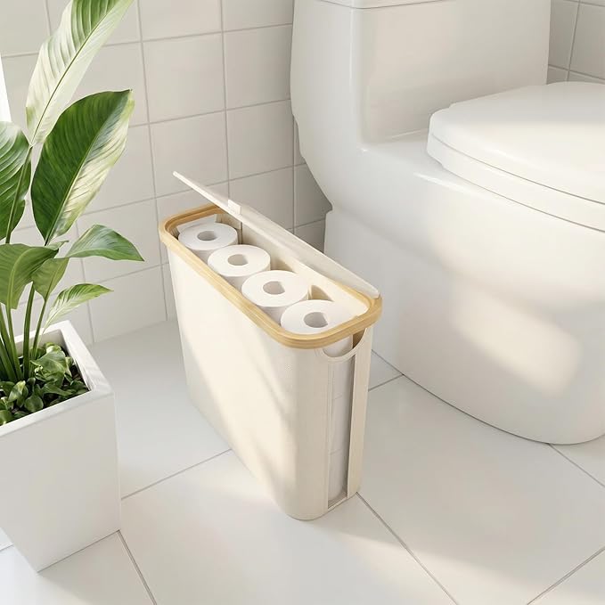 Vespara 2 Pcs Toilet Paper Storage Baskets, FoldableToilet Paper Storage with Lid for 9 Mega or 12 Regular Size Rolls,Waterproof Free Standing Toilet Paper Holder with Storage for Bathroom Grey