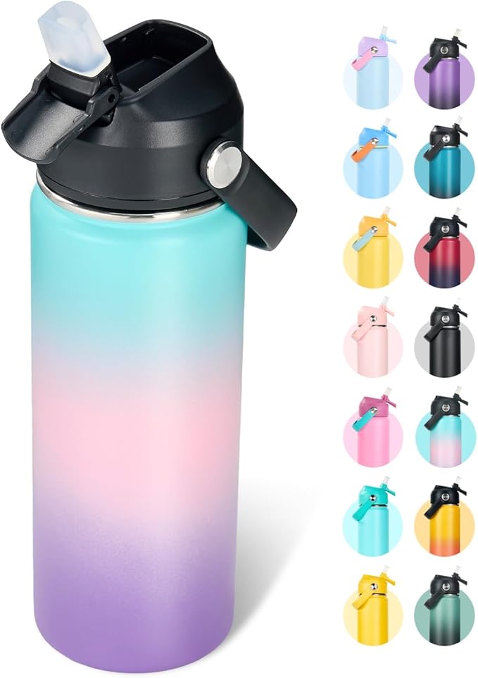 32oz Insulated Stainless Steel Water Bottle, Wide Mouth Double Wall Vacuum, Silicone Straw, Sweat & Leak Proof, BPA Free Insulated Water Flask for Travel, Keep Cold 24h Hot 12h, Pink