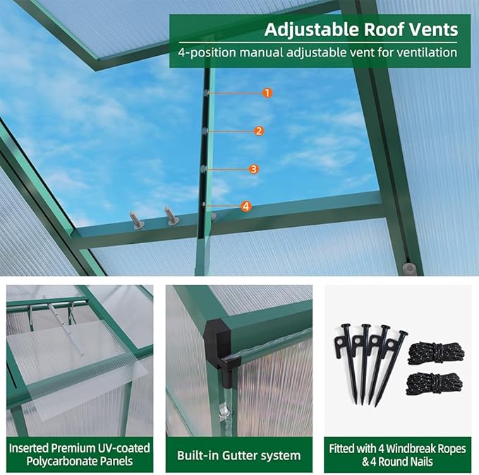 Polycarbonate Greenhouse with Rain Gutter and Roof Vent, Raised Base and Anchor Aluminum Heavy Duty Walk-in Green House, Outdoor Patio Sunroom for All Season (Green, 49.13*72.83*86.42in)
