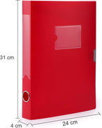 HUA JIE A4 Storage File Boxes Plastic Archives Cases with Lid, File Folder Organizer Document Filing Box for office, Letter Size Paper,31×4×24 cm, Red(Pack of 4)