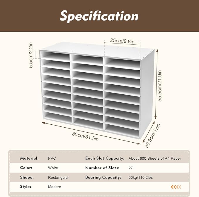 27 Compartments Literature Organizer with Adjustable Stackable Shelves, Doorless File Classification Cabinet, Office Classroom Mailbox with Anti-Slip Pads for Home Office School, White
