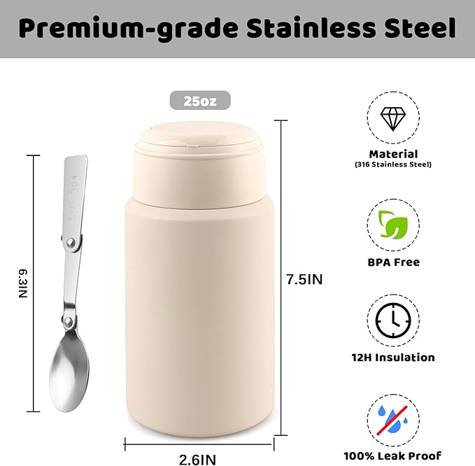 Thermo for Hot & Cold Food, 25oz Insulated Food Jar with Handle Spoon, Thermal Lunch Container, 316 Stainless Steel Lunch Box for Men Women, Keeps food Hot for 12 Hours or Cold for 24 Hours(White)