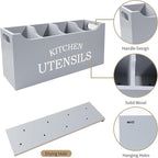 Kitchen Utensil Holder with Drainage Bottom, Extra Large 4 Compartments Solid Real Wood Utensil Organizer for Kitchen Counter, Farmhouse Cooking Tools Storage for Countertop, Grey