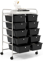 GOFLAME 10-Drawer Rolling Storage Cart, Art Craft Storage Organizer on Wheels, Multipurpose Movable Utility Cart for School, Office and Home, Black