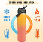 24oz Insulated Stainless Steel Water Bottle, Wide Mouth Double Wall Vacuum, Silicone Straw, Sweat & Leak Proof, BPA Free Insulated Water Flask for Travel, Keep Cold 24h Hot 12h, Orange