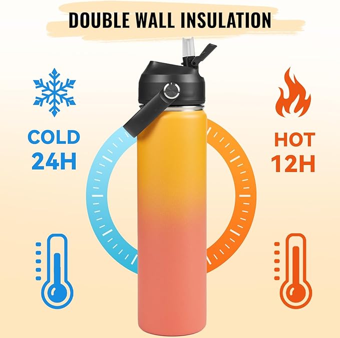 24oz Insulated Stainless Steel Water Bottle, Wide Mouth Double Wall Vacuum, Silicone Straw, Sweat & Leak Proof, BPA Free Insulated Water Flask for Travel, Keep Cold 24h Hot 12h, Orange