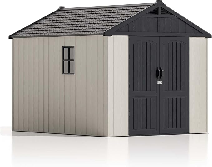 Patiowell 8x10 FT Plastic Shed Outdoor Storage Shed with Floor, Resin Garden Tool Shed Lockable Door & Two Windows for Patio, Backyard, Bike & Organizer, Beige