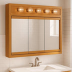 Design House Richland Medicine Cabinet with 5 Lights, Fully Assembled, Wall Mounted, 3 Mirrored Doors, Wood Frame, Oak Finish, 36 in x 5 in x 30 in, 530618-NOK