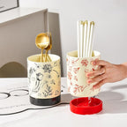 WAIT FLY Vintage Floral Porcelain Kitchen Utensil Holder with Bottom Flatware Storage Organizer Utensil Crock for Countertop Kitchen Counter Decor-Red