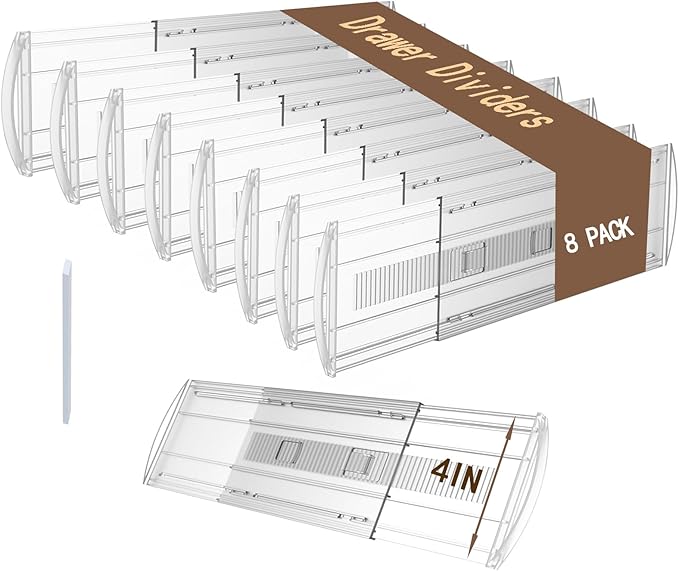 8 Pack Adjustable Drawer Dividers for Clothes,4" High Clear Expandable From 13-21" Drawer Organizers, PC Plastic Separators for Dresser/Bedroom/Bathroom/Kitchen/Office Storage,Easy to Assemble