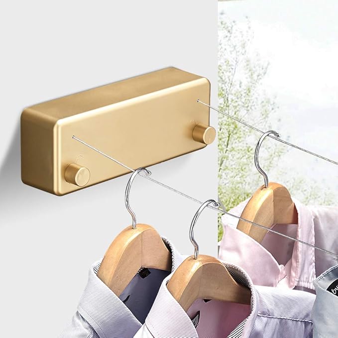 BESy Retractable Clothesline ABS case+Aluminum Dryer with Adjustable Stainless Steel Double Rope String Hotel Style Heavy Duty,Wall Mounted Method, 13.8 Feets,Gold