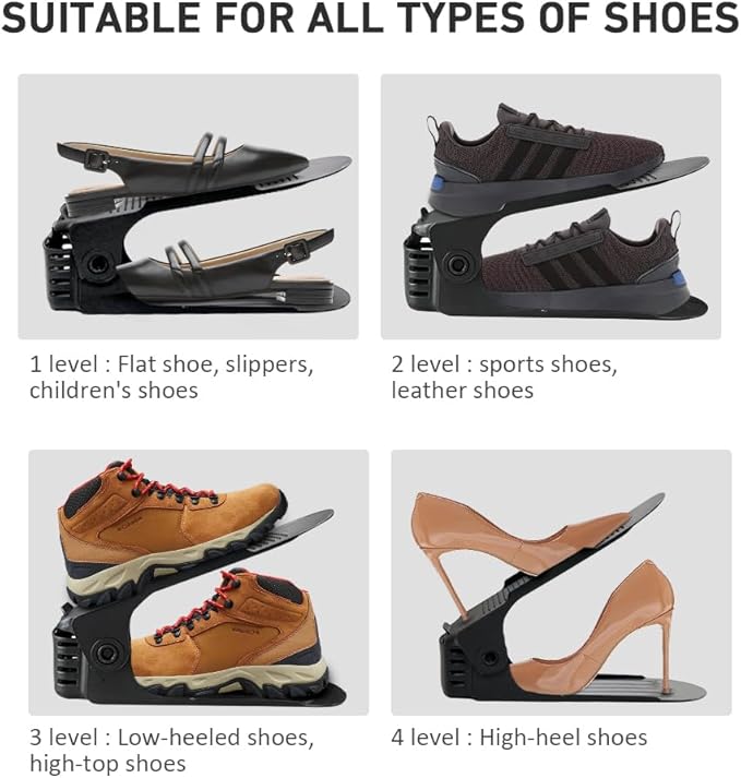 Shoe Slots Organizer 20 Pack - Shoe Stackers for a Pair of Shoes, Shoe Storage Shoe Space Savers 50%, 4 Levels Adjustable Thickening Double Layer Shoe Holders Shoe Organizer for Closet, Black